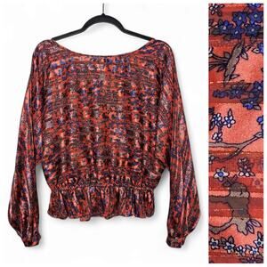 Free People Striped Metallic Satin Floral Blouse Size XS Boatneck Boho Dolman